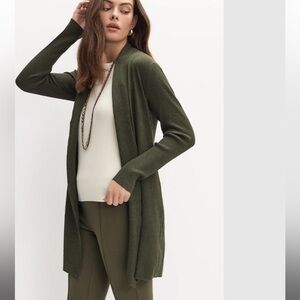 Olive Green Sparkly Open Front Cardigan - Shawl Neck, Tunic Length, Like New